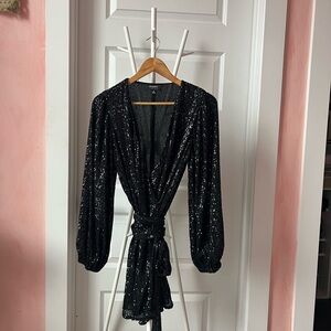 Black Sequin Wrap Mini Dress